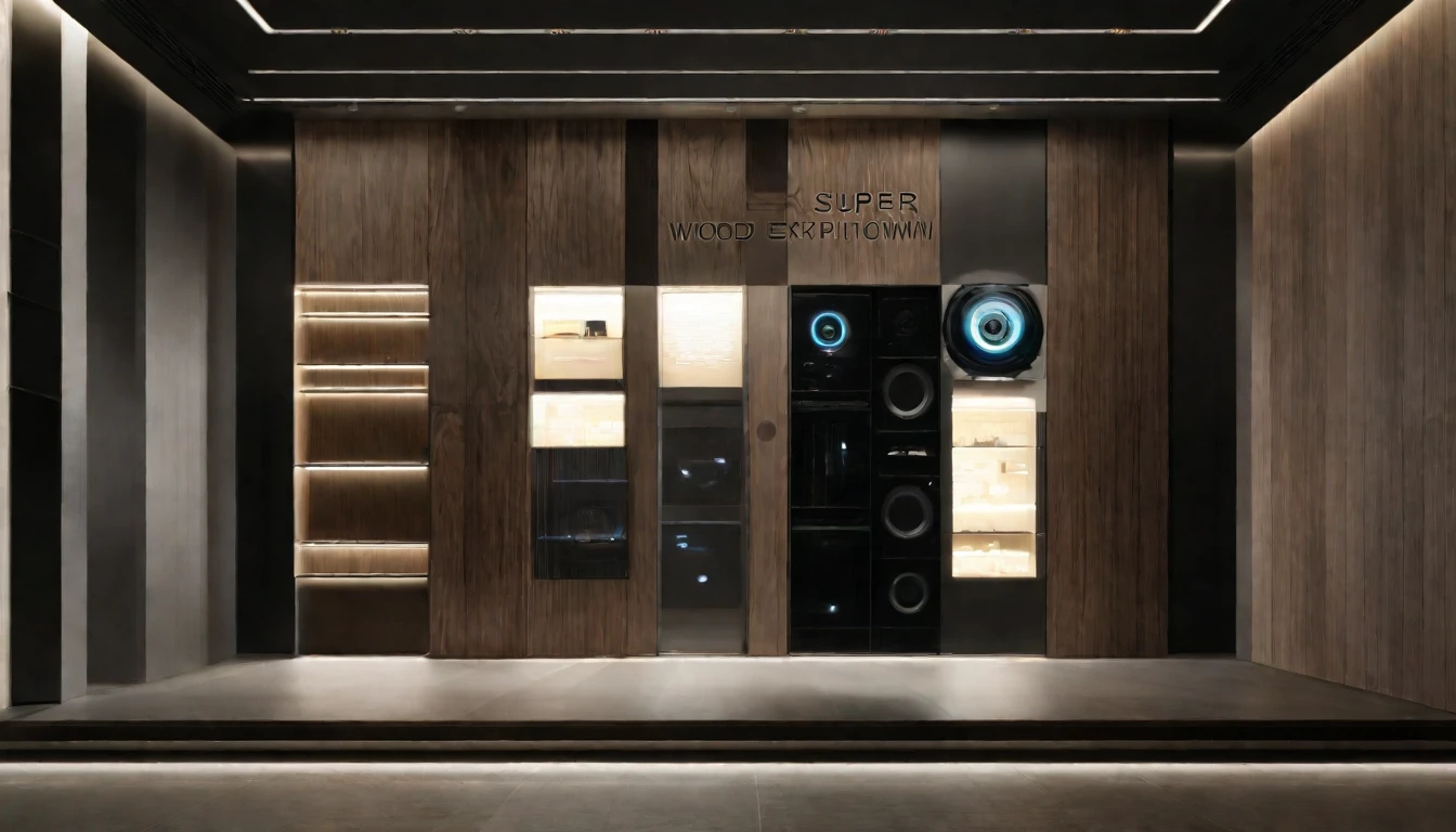 Sony A9iii,RAW photos,masterpiece, high quality, best quality, for real, Super Detail, Internal, indoors, (Light wood grain:1.3), Bright, (real:1.2),exhibition,Showroom,Company exhibition wall,Showroom入库主墙