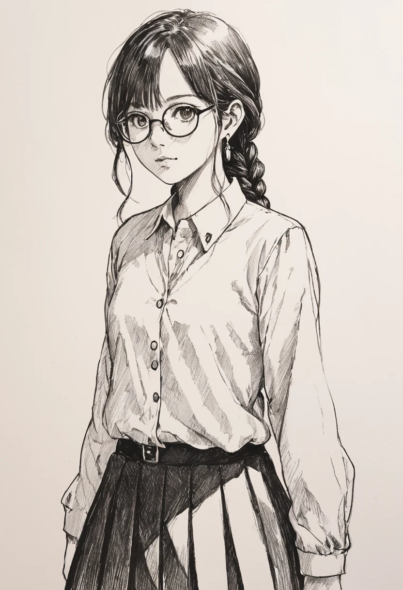 score_9, score_8_up, score_7_up, score_6_up, sketch, sp1t, monochrome, Hyper detailed hatching, full body image, monochrome,best quality, high resolution, clean background, high contrast, 1 girl, monochrome, hyper detailed hatching shading, 1girl,solo,arms at sides,looking at viewer, standing,dark hair, braids,earrings,,glasses, collared shirt,long sleeves,black skirt, simple background, upper body,