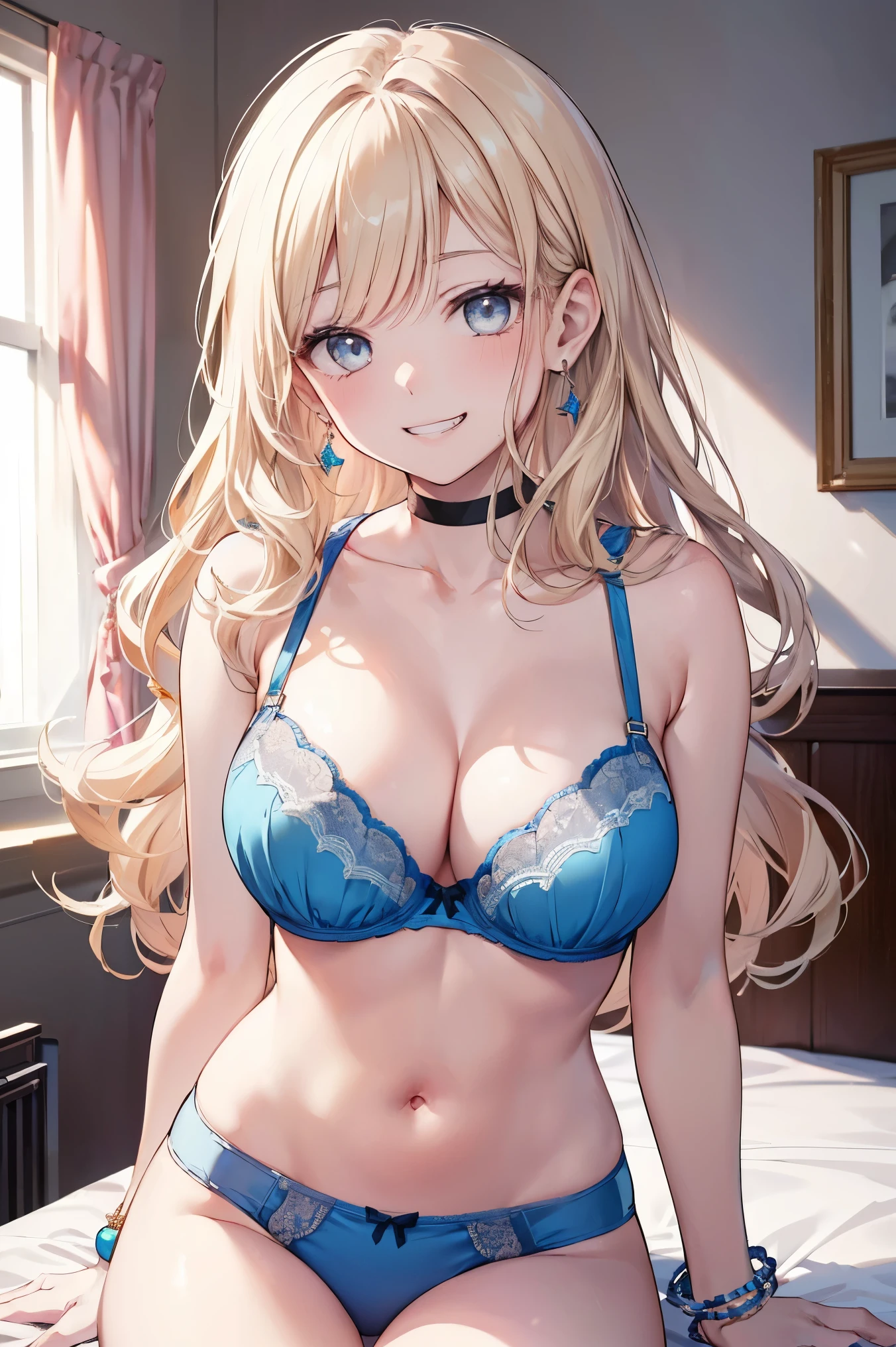 ((masterpiece、Highest quality、Very detailed))、One Girl、Improve、blonde、Long Hair、Wavy Hair、Grey Eyes、Wicked Smile、((Grin))、Pink Lips、((there are a lot of earrings))、Large Breasts、((Blue Bra))、((Blue panties))、bracelet、Kneel、On the bed、Bedroom Background