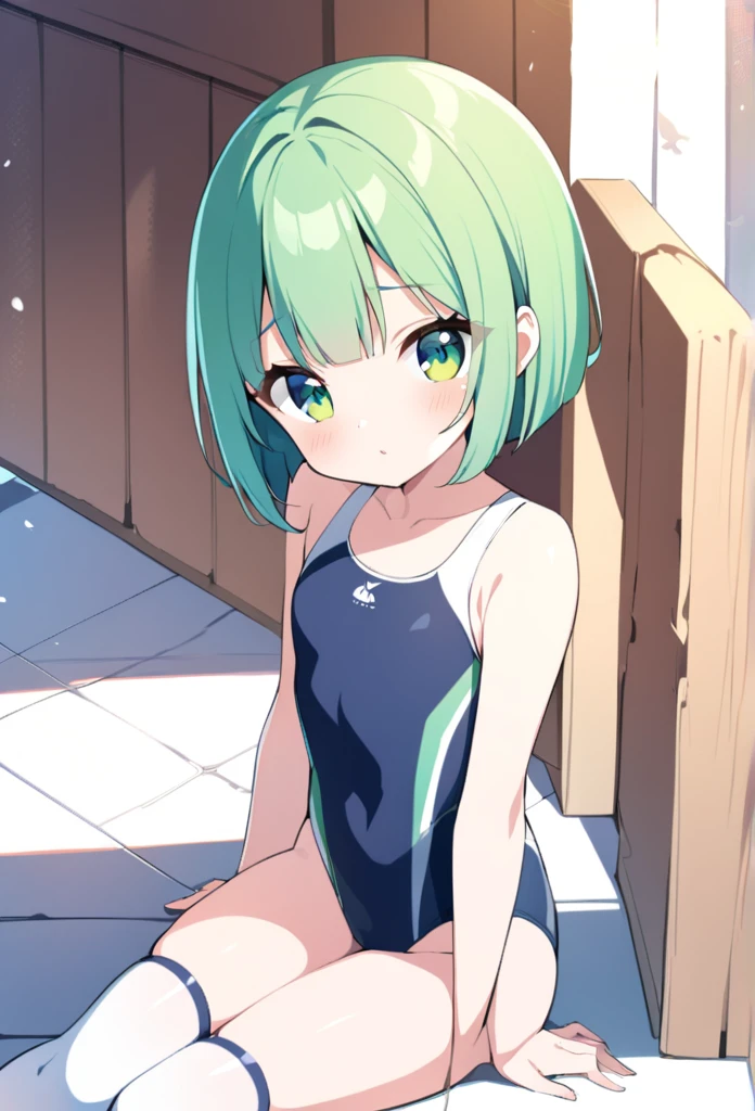 1 girl, cute, young, green hair, bob haircut, green eyes, One-piece Swimsuit, thigh high,