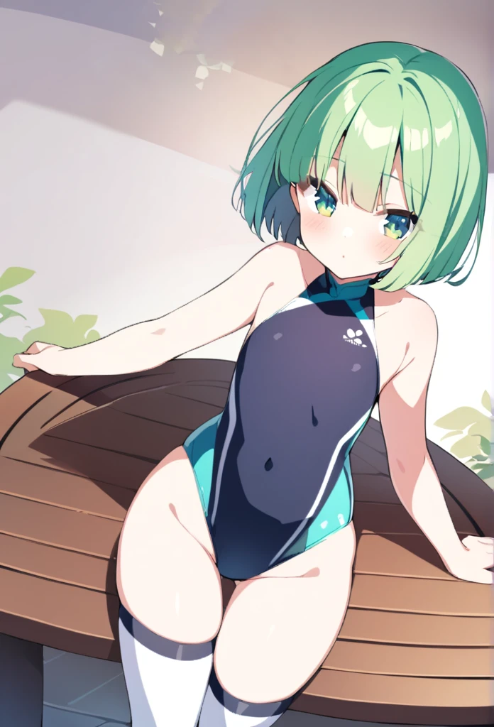 1 girl, cute, young, green hair, bob haircut, green eyes, One-piece Swimsuit, thigh high,