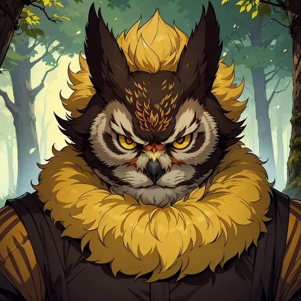 a highly detailed owl in a forest, emphasis on his face, supersaiyajin, angry, red fur, muy angry