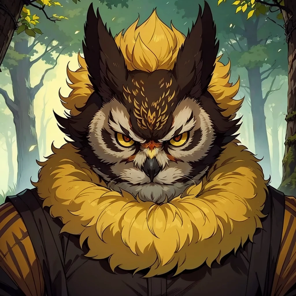 a highly detailed owl in a forest, emphasis on his face, supersaiyajin, angry, red fur, muy angry
