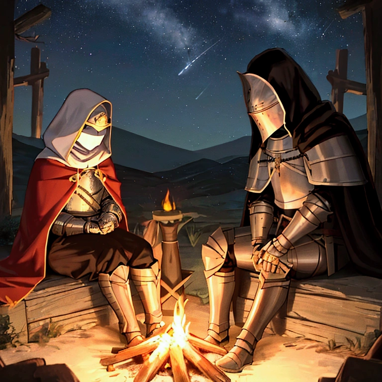 Create an image of two knights sitting and talking around a campfire at night. The first knight is wearing full armor with a closed helmet, while the second knight is wearing a cloak with a hood that partially covers his face. They are sitting near a burning campfire, with a dark night sky and stars in the background. Ensure that details such as the armor, cloak, and the campfire light illuminating their faces are clearly visible.