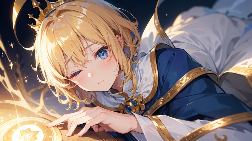 (Highest quality)　(4K)　(8k)　(High resolution)　(masterpiece:1.2)　(Super detailed)　One boy　short hair　Wizard　Blue Eyes　Long sleeve　Golden decoration　Hair between the eyes　Closed Mouth　White Dress　Wavy golden hair　Upper Body　large crown　(White Background)　Embarrassed　Being spoiled　(Looking up)　(Cast a spell)　front　Face close-up