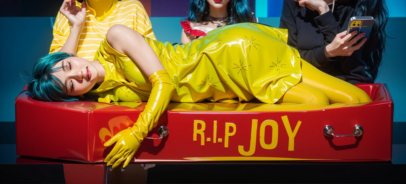 yellow tights yellow tights yellow tights yellow tights yellow tights yellow tights yellow tights yellow tights This image depicts a woman with vibrant blue hair, lying comfortably in an elongated, dark purple box. She is dressed in a bright neon green dress and yellow gloves, adding a striking contrast against the purple and blue background. Her peaceful expression and relaxed pose suggest a dreamlike or surreal scene, despite the unconventional setting of being in a box. The overall visual effect is bold and colorful, emphasizing the playful and artistic elements of the composition. effectively conveying a sense of joy and creativity.ffects render, (glossy plastic texture with multiple big light probe refractions), perfect cgi, smooth silhouette, high intensity refraction, (super glossy plastic material), most beautiful vfx, , realistic, 4k, high resolution, rim light, smooth 3d model, multiple light sources, rim light, sharp post effects render,, realistic, 4k, high resolution, rim light detailed digital art, reflective, best quality, 4k, masterpiece:1.2, ultra-detailed, realistic, vivid colors, The image of the highest quality, ensuring every detail showcased perfectly. It in 4k resolution, allowing viewers to immerse themselves in the richness of the colors and intricate details. The realistic rendering. under the spotlight, reflecting, high-resolution image, realistic rendering