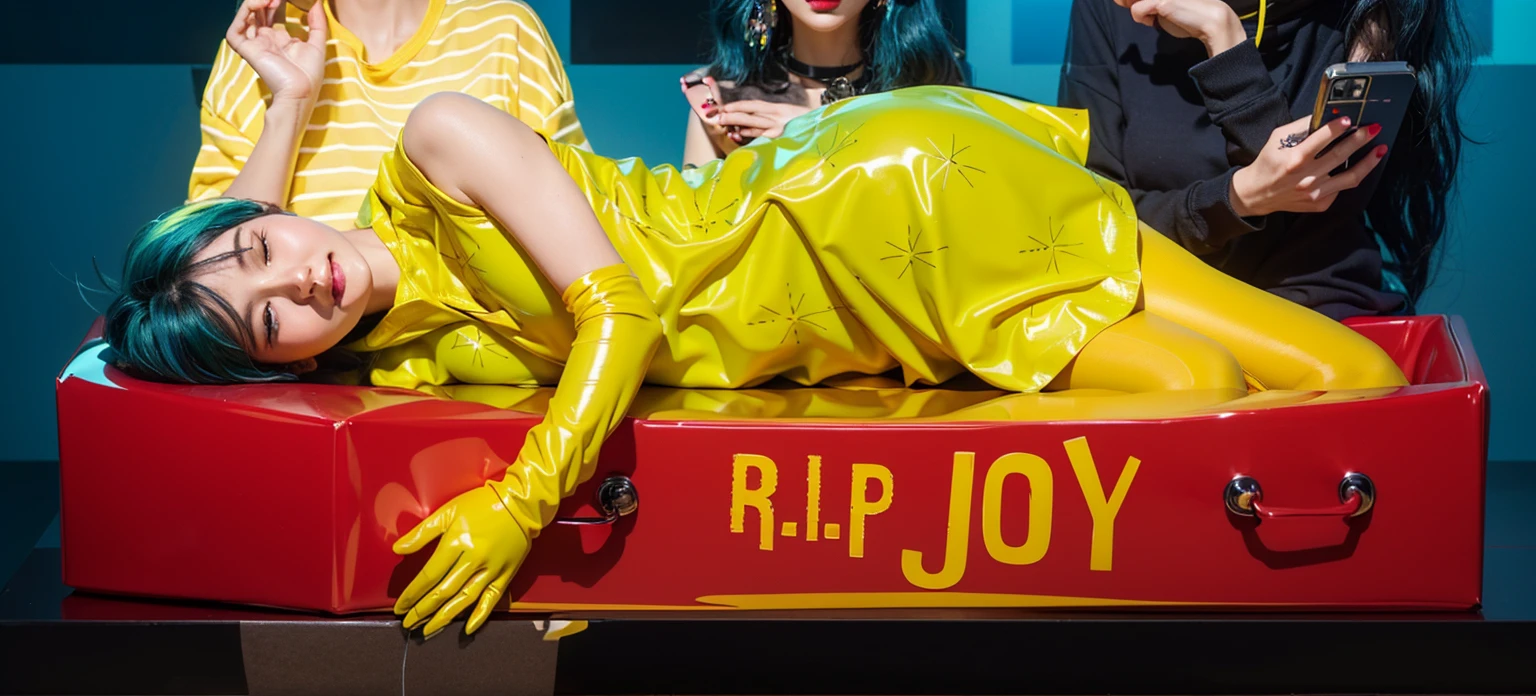 yellow tights yellow tights yellow tights yellow tights yellow tights yellow tights yellow tights yellow tights This image depicts a woman with vibrant blue hair, lying comfortably in an elongated, dark purple box. She is dressed in a bright neon green dress and yellow gloves, adding a striking contrast against the purple and blue background. Her peaceful expression and relaxed pose suggest a dreamlike or surreal scene, despite the unconventional setting of being in a box. The overall visual effect is bold and colorful, emphasizing the playful and artistic elements of the composition. effectively conveying a sense of joy and creativity.ffects render, (glossy plastic texture with multiple big light probe refractions), perfect cgi, smooth silhouette, high intensity refraction, (super glossy plastic material), most beautiful vfx, , realistic, 4k, high resolution, rim light, smooth 3d model, multiple light sources, rim light, sharp post effects render,, realistic, 4k, high resolution, rim light detailed digital art, reflective, best quality, 4k, masterpiece:1.2, ultra-detailed, realistic, vivid colors, The image of the highest quality, ensuring every detail showcased perfectly. It in 4k resolution, allowing viewers to immerse themselves in the richness of the colors and intricate details. The realistic rendering. under the spotlight, reflecting, high-resolution image, realistic rendering