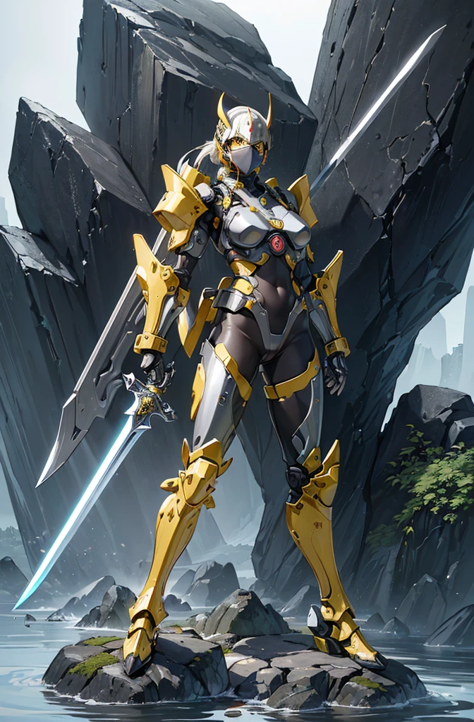 (masutepiece,Extremely detailed, Heavy mechs, hard surface),(concept art:1.1),(Armored Core Style:0.8), A woman wearing ninja robo armor is tying a seal,(full armor:1.4),(tactical ninja mask:1.5),(yellow body:1.1),(long legged:1.1),(Equipped with a sword on his back:1.3),(A detailed eye:1.3),(A detailed face:1.3),(Detailed weapons:1.3),(Detailed body:1.3),((full bodyesbian:1.5)),(In the background, rocks are floating in the air.:1.5),lifelike