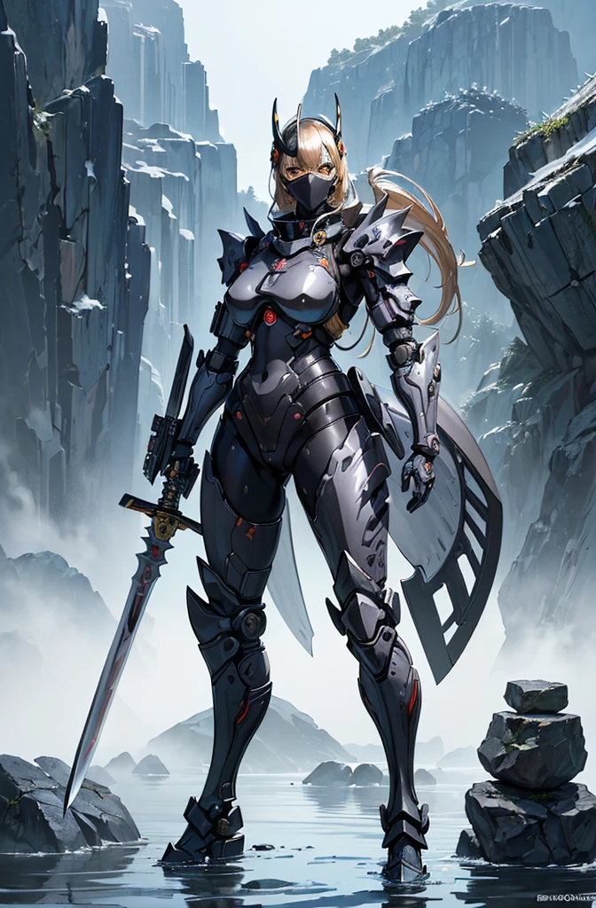 (masutepiece,Extremely detailed, Heavy mechs, hard surface),(concept art:1.1),(Armored Core Style:0.8), A woman wearing ninja robo armor is tying a seal,(full armor:1.4),(tactical ninja mask:1.5),(yellow body:1.1),(long legged:1.1),(Equipped with a sword on his back:1.3),(A detailed eye:1.3),(A detailed face:1.3),(Detailed weapons:1.3),(Detailed body:1.3),((full bodyesbian:1.5)),(In the background, rocks are floating in the air.:1.5),lifelike