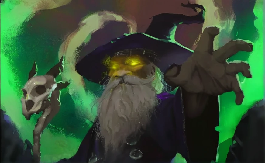 There is a wizard with wearing dark purple suit and dark purple wizard hat and he has a large white beard and he also have glowing yellow eyes and he is holding a dragonskull staff, the background is green.
