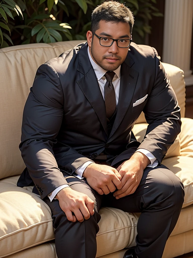 crew cut, (((full body))), (((landscape))), mature man, [slightly fat], asian man, rounded face, brown eyes, ((rounded face)), glasses, balding, 1boy, Solo, (big shoulders), (((stubbles, Short beard))), Two adult Asian men sitting on a sofa, clad in black suits. The unruly one, with unkempt black hair