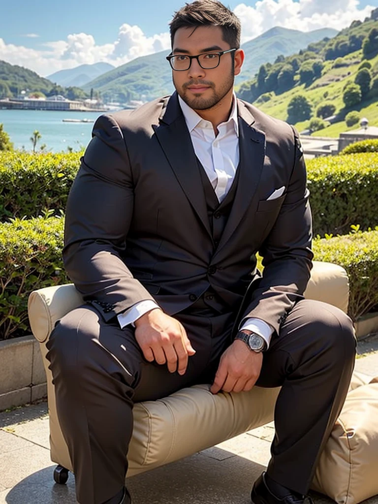 crew cut, (((full body))), (((landscape))), mature man, [slightly fat], asian man, rounded face, brown eyes, ((rounded face)), glasses, balding, 1boy, Solo, (big shoulders), (((stubbles, Short beard))), Two adult Asian men sitting on a sofa, clad in black suits. The unruly one, with unkempt black hair
