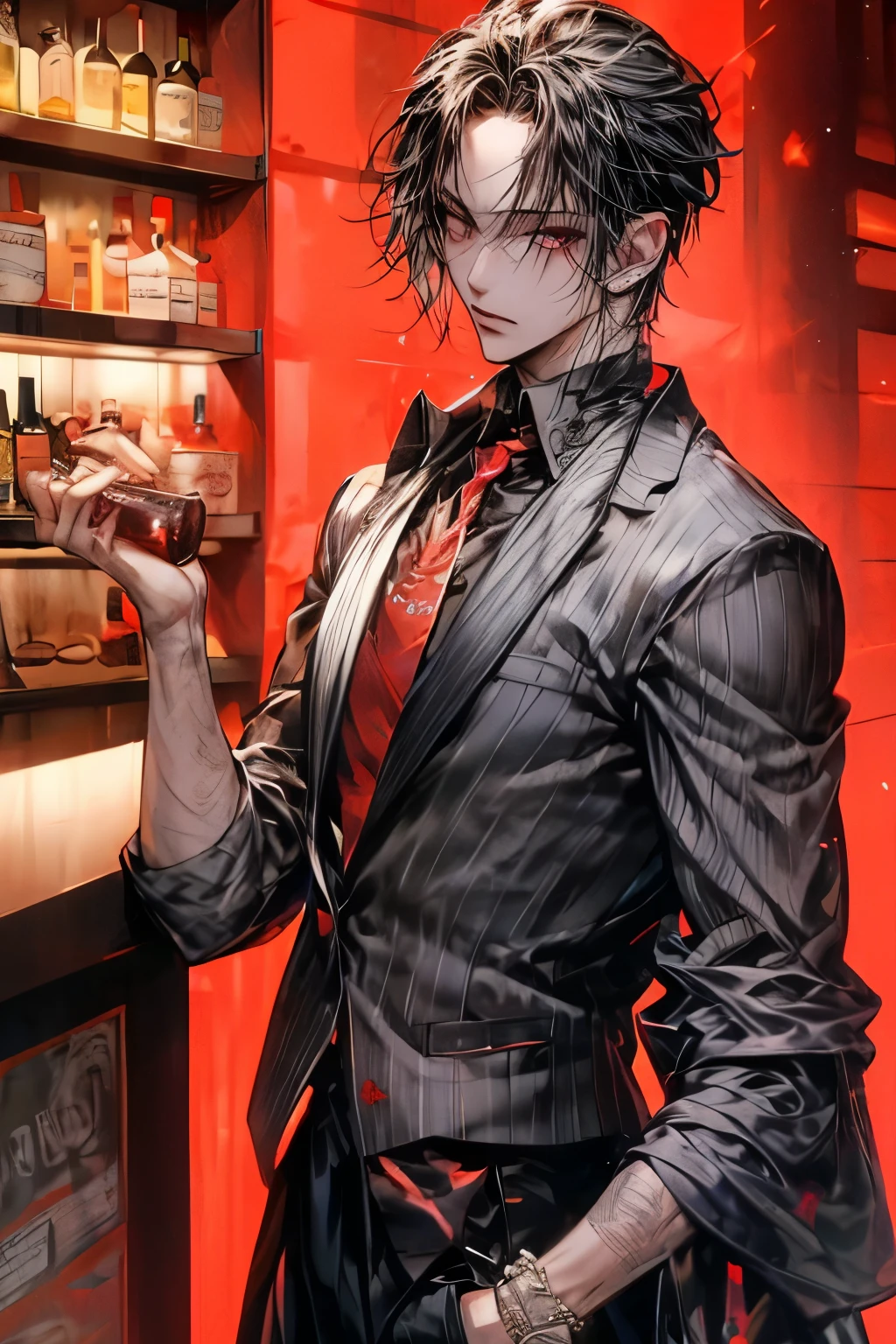 Attractive male with dark wavy hair making eye contact with the viewer while he drinks whiskey at the bar of a nightclub.