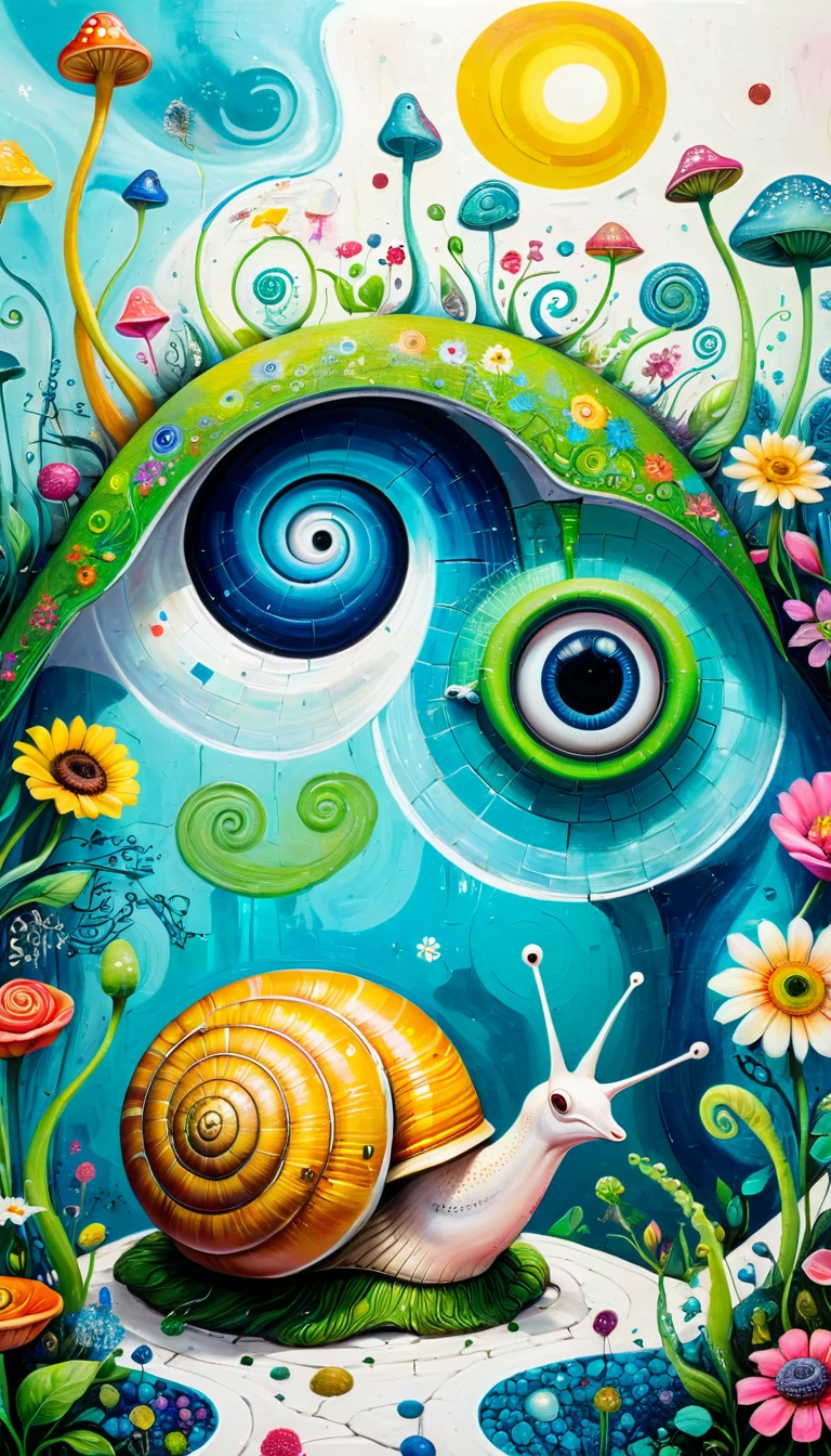 Children's graffiti,Thick coating，Concave and convex texture，Oil pastel strokes：A big snail、house、flowesh、Tentacles、bird、Eye、diatom，Abstract mosaic painting，Describing the inner world of autistic people，Sense of space，White Space，interesting，Innocence，Psychedelic Art，Cyan overall
