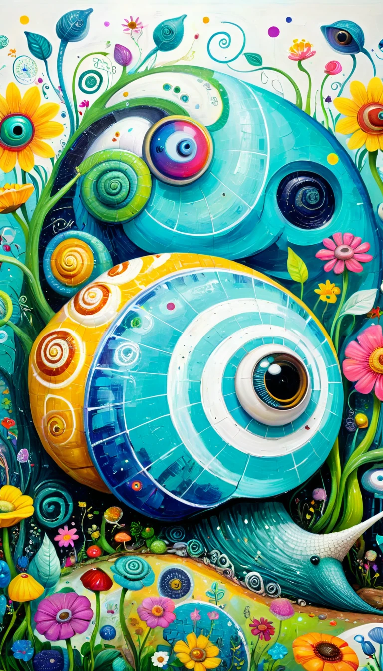 Children's graffiti,Thick coating,Concave and convex texture,Oil pastel strokes:A big snail、house、flowesh、Tentacles、bird、Eye、diatom,Abstract mosaic painting,Describing the inner world of autistic people,Sense of space,White Space,interesting,Innocence,Psychedelic Art,Cyan overall