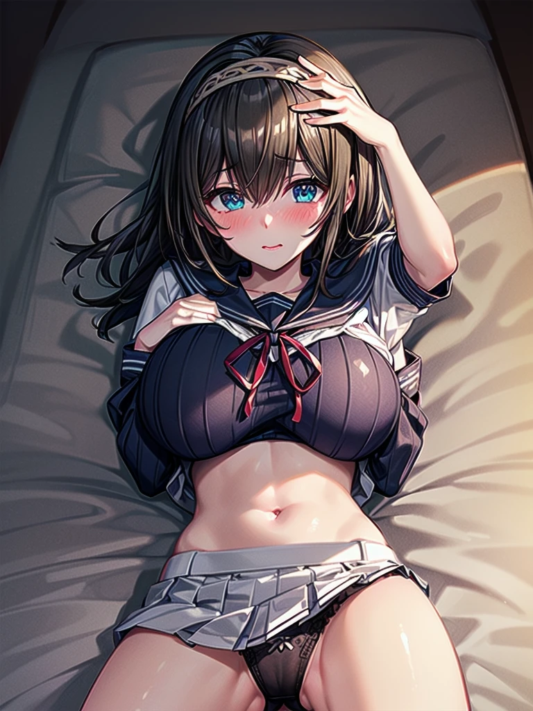 nsfw, (highly detailed beautiful face and eyes:1.2), (((lying))), bbfumika, idolmaster, long hair, hairband, (Sailor School uniform:1.5), ((huge breasted)), ((white pantie)), 1girl, solo, (lift shirt:1.5), (show off breasts:1.5), (spread legs:1.4, legs up:1.3), (pleated mini skirt:1.3), from below, (white pantie, lift skirt, pantie shot, blush), (blushing:1.2), (town overview), detailed landscape, (best quality,masterpiece:1.2), intricate details, extremely detailed,8k resolution, natural lighting,