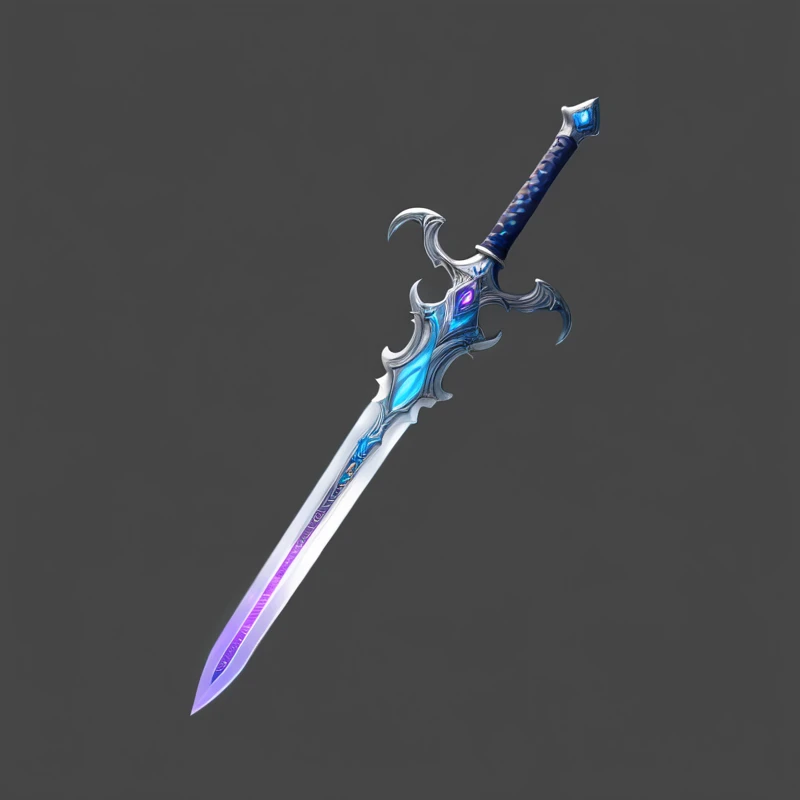 Close up of a sword with purple and blue patterns, Shining Sword, Fantasy Sword, Magic Sword, Glowing sword, Shining Sword, Fantasy Blade, Beautiful sword, Fantasy Sword of warrior, Fantasy weapons, Great Sword, Great Sword, Magic Sword, Sword weapons, Great Sword, Silver Sword, sci-fi sword, Serrated Sword, Great Sword