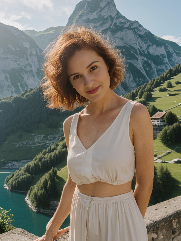Emily Richardson, 1girl, solo, (((consistent face and image))), ((20 years old)), realistic, photorealistic, (red cranky hair), short hair, (((Caucasian mature woman))), (Swiss woman), (Swiss nose), (Swiss thick lips), posing outside the Picturesque island commune with stunning medieval architecture, upper body and upper legs, smirking, standing