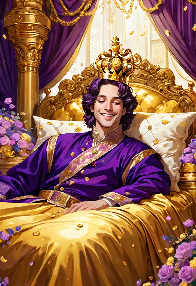 The king is sleeping on the big gorgeous golden bed, smiling, a beautiful palace, surrounded by gold coins, stacks of gold coins and banknotes, the prince is wearing a royal luxurious deep violet robe, a crown ,Rose, A soft curtain of pale flowers hangs from the canopy and sways in the breeze.