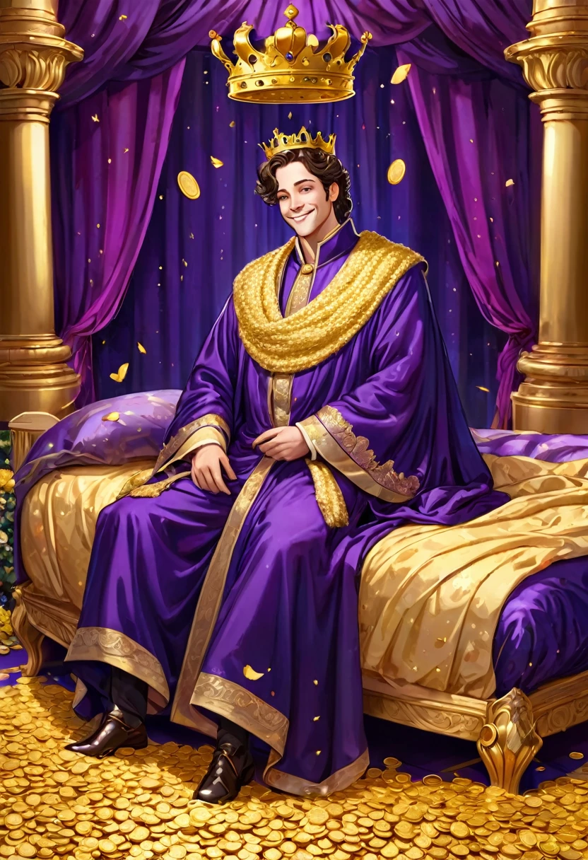 The king is sleeping on the big gorgeous golden bed, smiling, a beautiful palace, surrounded by gold coins, stacks of gold coins and banknotes, the prince is wearing a royal luxurious deep violet robe, a crown ,Rose, A soft curtain of pale flowers hangs from the canopy and sways in the breeze.