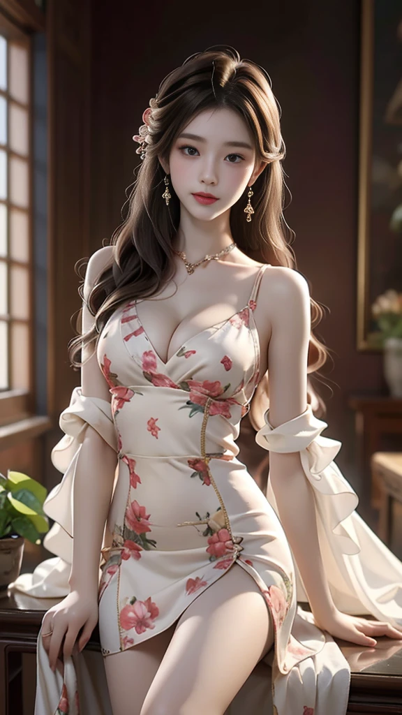 newchinesestylesuit, A beautiful woman sits on a chair，Elegant posture，((Chest Window, Visible cleavage)), Slender figure。Her legs are slender and straight，Cross placement，Forming a perfect diagonal composition。Her upper body leaned back slightly，Head gently sideways，Long blond hair falls naturally，Gently brushing her shoulders。She was wearing a silk dress，Soft colors，In stark contrast to her fair skin。The edge of the skirt ripples gently，As if swaying in the breeze。Her eyes were gentle，There is a faint smile on the lips。A sunny room in the background，The sunlight coming in through the window casts soft shadows on her face and body.，The whole picture looks very harmonious and beautiful, Anatomically correct