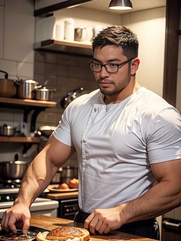crew cut, (((full body))), (((landscape))), mature man, [slightly fat], asian man, rounded face, brown eyes, ((rounded face)), glasses, balding, 1boy, Solo, (big shoulders), (((stubbles, Short beard))),there is a man cooking in a kitchen with a lot of food, handsome man, inspired by Ramon Pichot, handsome male, in the kitchen, in a kitchen, by Emma Andijewska, masculine and handsome, cooking it up, handsome and attractive, by Adam Marczyński, very handsome, inspired by Antonín Chittussi, cooking