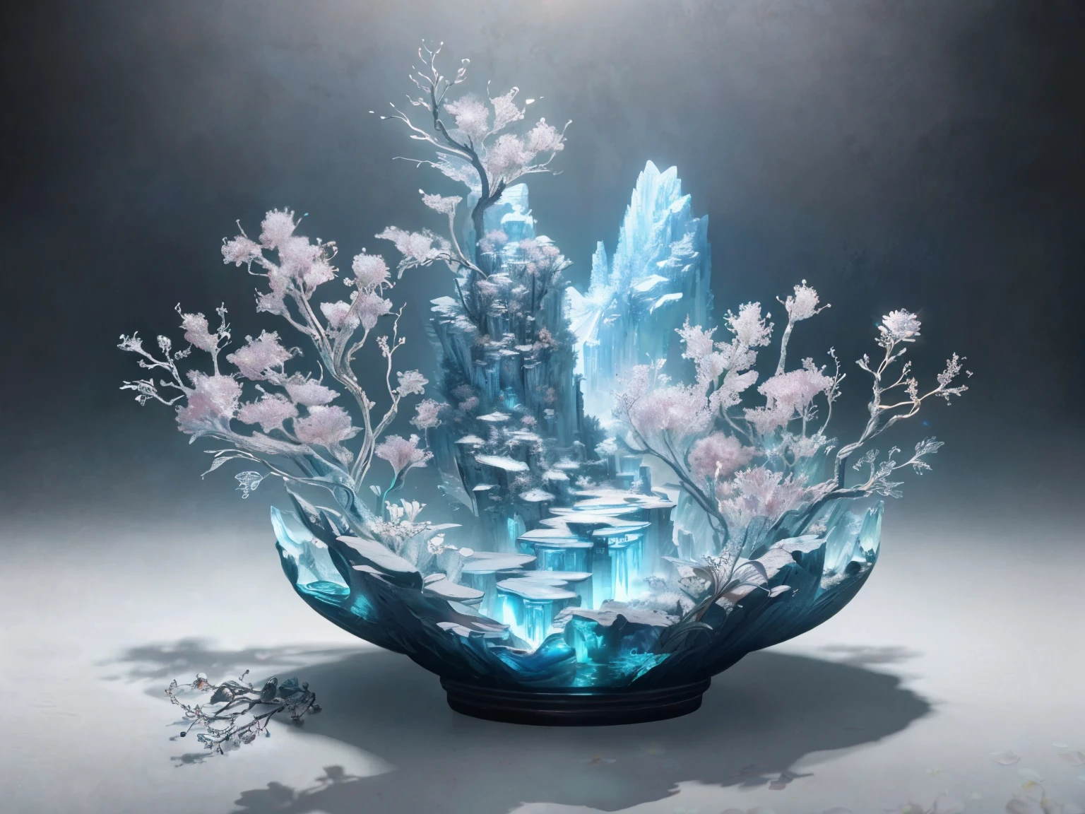 Highest quality, Realistic, photoRealistic, Super detailed, "Mountain of flowers and fruits+Fairy+Chinese architecture" Very detailed carving "West Ice" porcelain,Ultra Wide Angle,Accent lighting,Volumetric lighting,Backlight, (Detailed light),((Very delicate and beautiful)),dramatic_Shadow,Ray_trace,High resolution