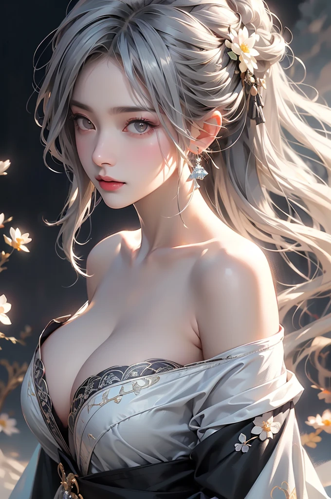 super high quality, masterpiece, Perfect illustration, Very detailed (Exquisite light and shadow, Very dramatic photo,Backlight) , ((Gray Hair:1.5))1 Girl, alone, (Wearing Han clothes, Royalty、Black Hanfu,Monotony,Long sleeve) Flower Field, Flowers, (White smoke:1.3) (Realistic:1.4), Zen Intertwining, Tangled, Official Art, unity 8k wallpaper, Very detailed, Beautiful and beautiful, masterpiece, Highest quality, (Dynamic Angle: 1.4), Glowing Skin, (Floating colorful flashes: 1) The most beautiful chaotic shapes, elegant, Brutalist Design, Bright colors, Romantic Depth of Field Exotic_dance, half_naked、((Off the shoulder、Expose your shoulders、Ample breasts、Great cleavage))