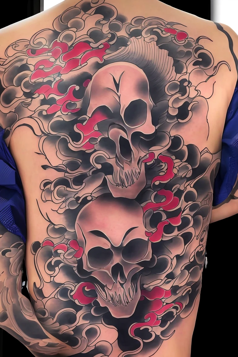 Calligraphy style, A japanse tattoo, A traditional japanese tattoo, Masterpiece, High quality, ultra details, A perfect skull with Japanese wave background and violet fire effects, skull, skull, skull, Upper arm tattoo, perfect skull anatomy, Super detailed, professional design by tattoo artist, Violet fire effects, 