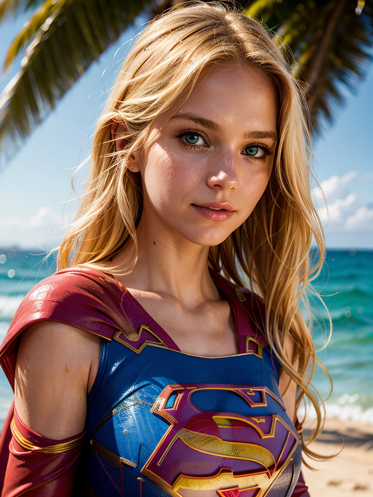 Medium shot, charming blonde, long blonde hair, ((supergirl)), wearing a supergirl costume, ((wet)), posing on the beach, looking at the viewer, sunlight passing through the hair, depth of field, bokeh