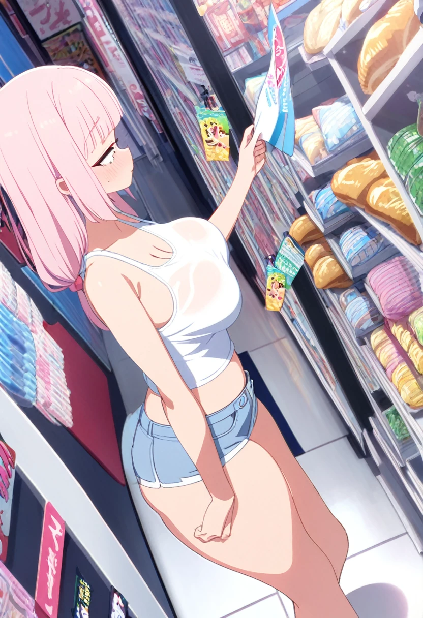16yo girl, light pink hair, hime cut, long hair, hugr breast, thicc thigh, perfect body, micro short shorts, mini white tank top, tight shorts, tight tank top, minimarket view, clear view, looking for items