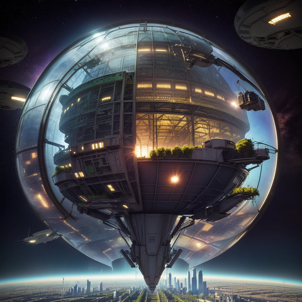 A farmer is planting vegetable seedlings in a greenhouse in a spaceship above the city, 3 d render，Surrealism, Depicted as a science fiction scene, daily art, The background is over the city, In spaceships, masterpiece, of High Altitude Travel