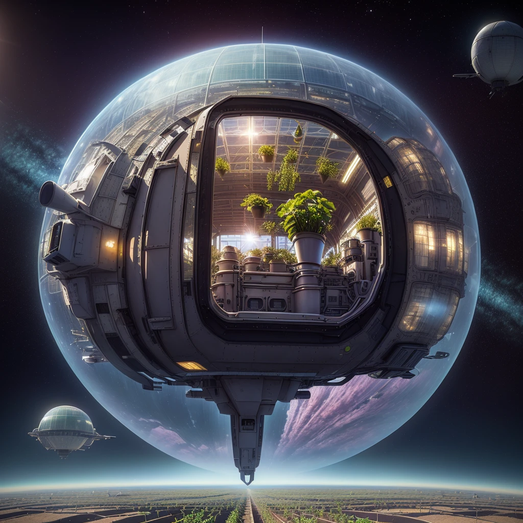 A farmer is planting vegetable seedlings in a greenhouse in a spaceship above the city, 3 d render，Surrealism, Depicted as a science fiction scene, daily art, The background is over the city, In spaceships, masterpiece, of High Altitude Travel