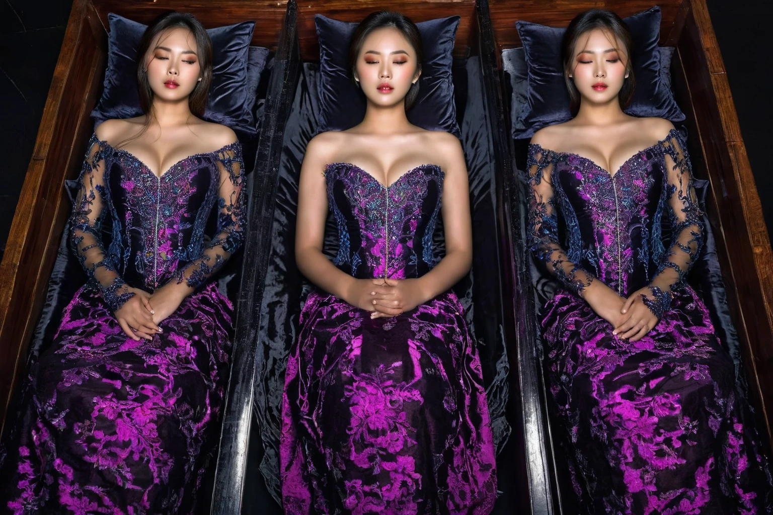 In a striking 8K HDR scene, a stunning Korean woman, 22 years old, lies peacefully in a black coffin surrounded by plush pillows. The deep box is set against a rich black background, accentuating the beauty of the subject. Her exquisite deep-V neckline kebaya attire is embroidered with superb detail, showcasing her round and firm breasts, perfect cleavage, and beautiful eyebrows. Her closed eyes and mouth give an air of serenity, while her visible and absolute cleavage leave nothing to imagination. The scene is bathed in saturated colors, highlighting every intricate aspect from the ball skirt to her clean face, straight body, detailed hand perfect hands, straight body, own hands together, own hand on stomach, detailed hands, perfect hands.