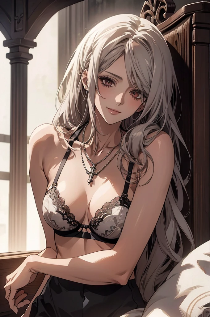 masterpiece, best quality, 1 solo girl, silver hair, yellow eyes, long hair, medium breasts, sexy body and face, wavy hair, smile, black bra, black panty, pendant, bracelet, jewelry, earrings, feather hair ornament, book, lying at the bed, night, sexy pose, cowboy shots, detailed body, face, and eyes, sharp focus, vibrant, creative, dynamic, high definition, high resolution, 8k, (Upscale: R-ESRGAN 4x+ Anime6mage enchance:4x), voluptuous body, cinema lightning, dakimakura style, looking at the viewer