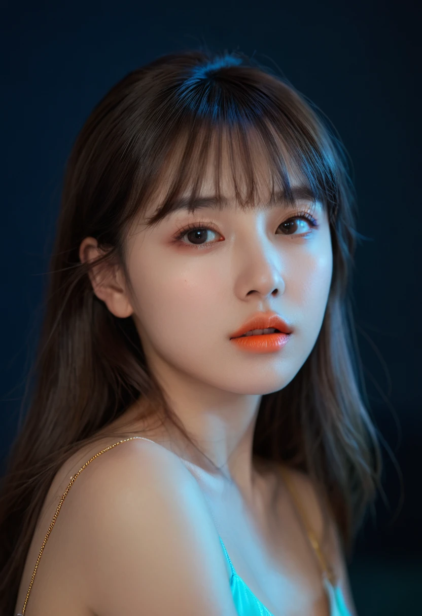 8k, best quality, 1 Girl, (Skin Indentation), night, (dark), Indoor clear background, (people), Beautiful bangs, Gorgeous,, (Clothing and:1.3),Soft lighting, attractive, dark Room, (mouth close:1.2, beautiful eyes, Delicate eyes, Detailed iris, Beautiful lips, Beautiful nose, Pretty Face),(primary color:1.5)，(Ambient Light:1.5)，(Neon light:1.8),(Radioluminescence:1.3)