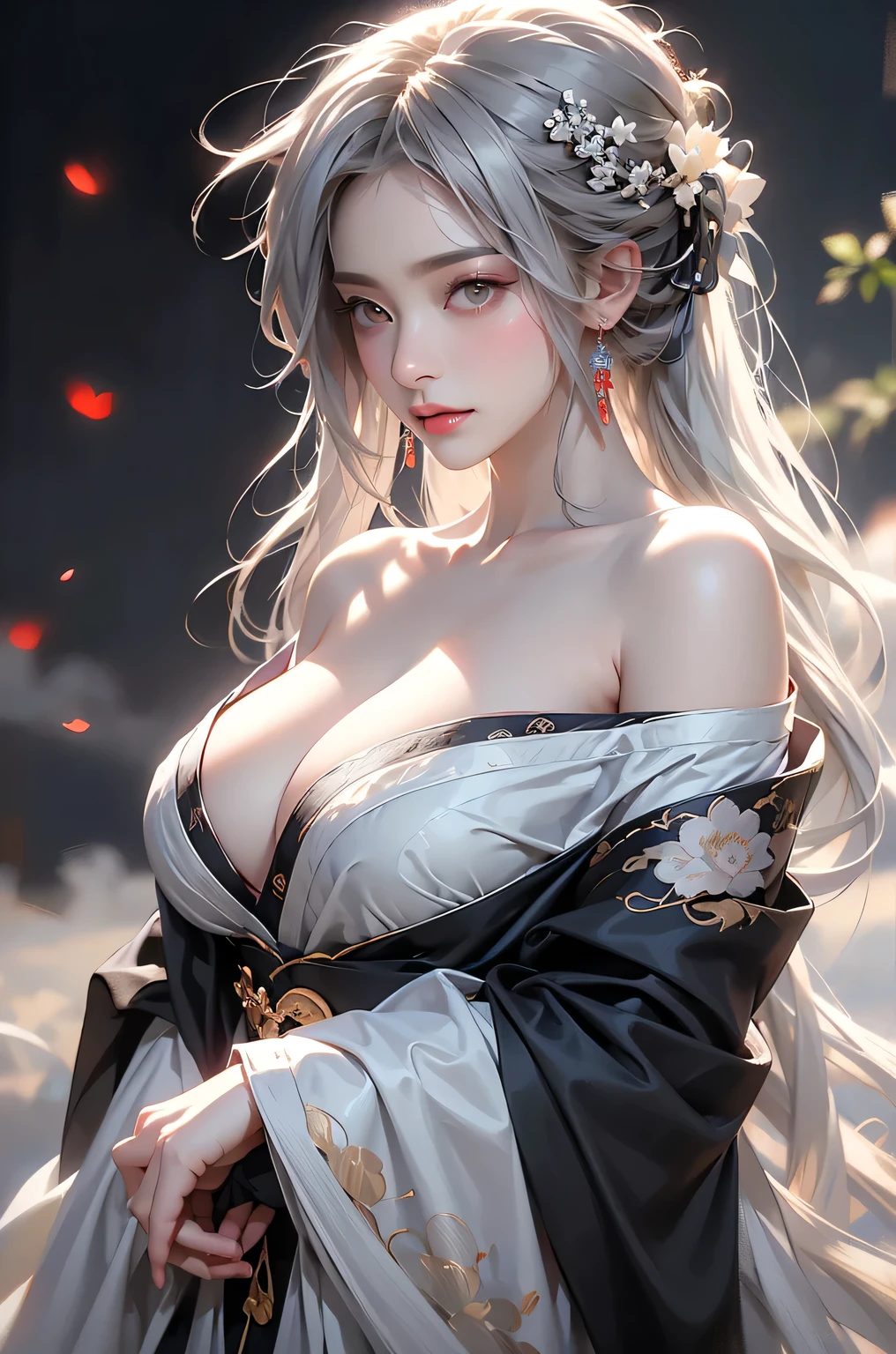 super high quality, masterpiece, Perfect illustration, Very detailed (Exquisite light and shadow, Very dramatic photo,Backlight) , ((Gray Hair:1.5))1 Girl, alone, (Wearing Han clothes, Royalty、Black and white Hanfu,Monotony,Long sleeve) Flower Field, Flowers, (White smoke:1.3) (Realistic:1.4), Zen Intertwining, Tangled, Official Art, unity 8k wallpaper, Very detailed, Beautiful and beautiful, masterpiece, Highest quality, (Dynamic Angle: 1.4), Glowing Skin, (Floating colorful flashes: 1) The most beautiful chaotic shapes, elegant, Brutalist Design, Bright colors, Romantic Depth of Field Exotic_dance, half_naked、((Off the shoulder、Expose your shoulders、Ample breasts、Great cleavage))