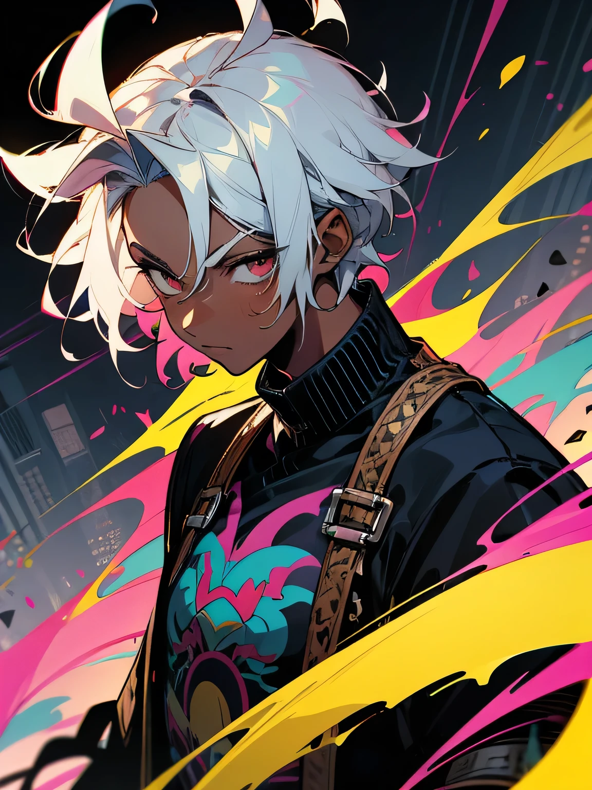 solo, dutch angle, (darkskin)+,boyish, big forehead, men's short cut,silver flipped hair, male eyes, male nose, male mouth, handsome features, psychedelic punk clothes, in a snobbish way pose,