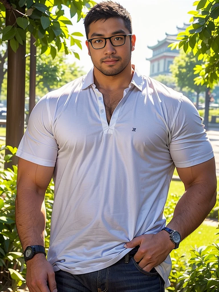 crew cut, (((full body))), (((landscape))), mature man, [slightly fat], asian man, rounded face, brown eyes, ((rounded face)), glasses, balding, 1boy, Solo, (big shoulders), (((stubbles, Short beard))), (Realism: 1.4), top quality, masterpiece, male, thin, (1 man, solo, white loose shirt, black pants, viewer watch, brown hair, gray eyes, closed mouth, upper body), (white background), (idol face, Korean face, sharp eyeliner) (male), (face focus, pottrait, movie lightning), (light spring theme, short hair men)