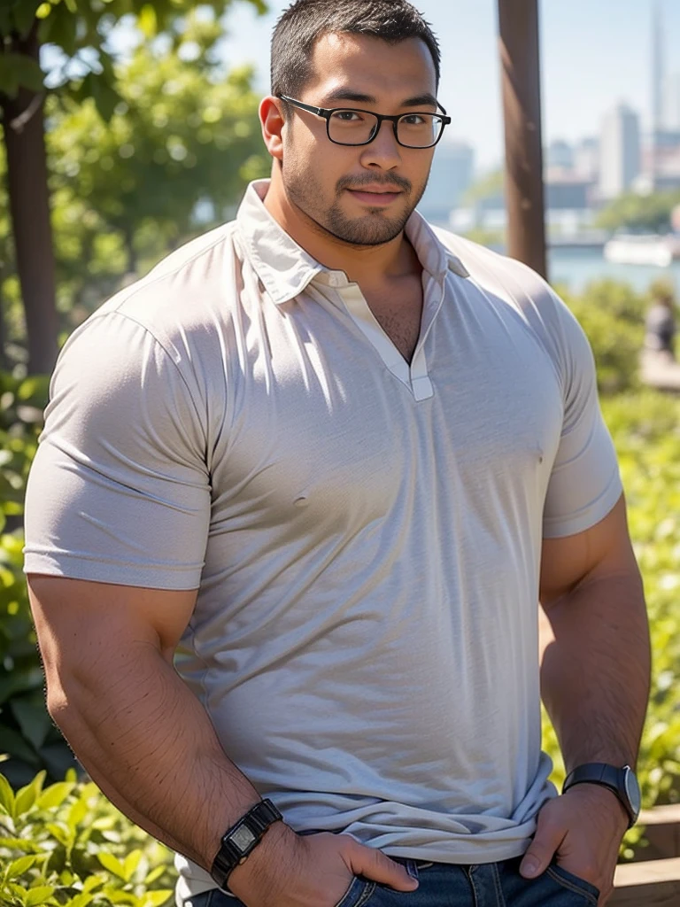 crew cut, (((full body))), (((landscape))), mature man, [slightly fat], asian man, rounded face, brown eyes, ((rounded face)), glasses, balding, 1boy, Solo, (big shoulders), (((stubbles, Short beard))), (Realism: 1.4), top quality, masterpiece, male, thin, (1 man, solo, white loose shirt, black pants, viewer watch, brown hair, gray eyes, closed mouth, upper body), (white background), (idol face, Korean face, sharp eyeliner) (male), (face focus, pottrait, movie lightning), (light spring theme, short hair men)