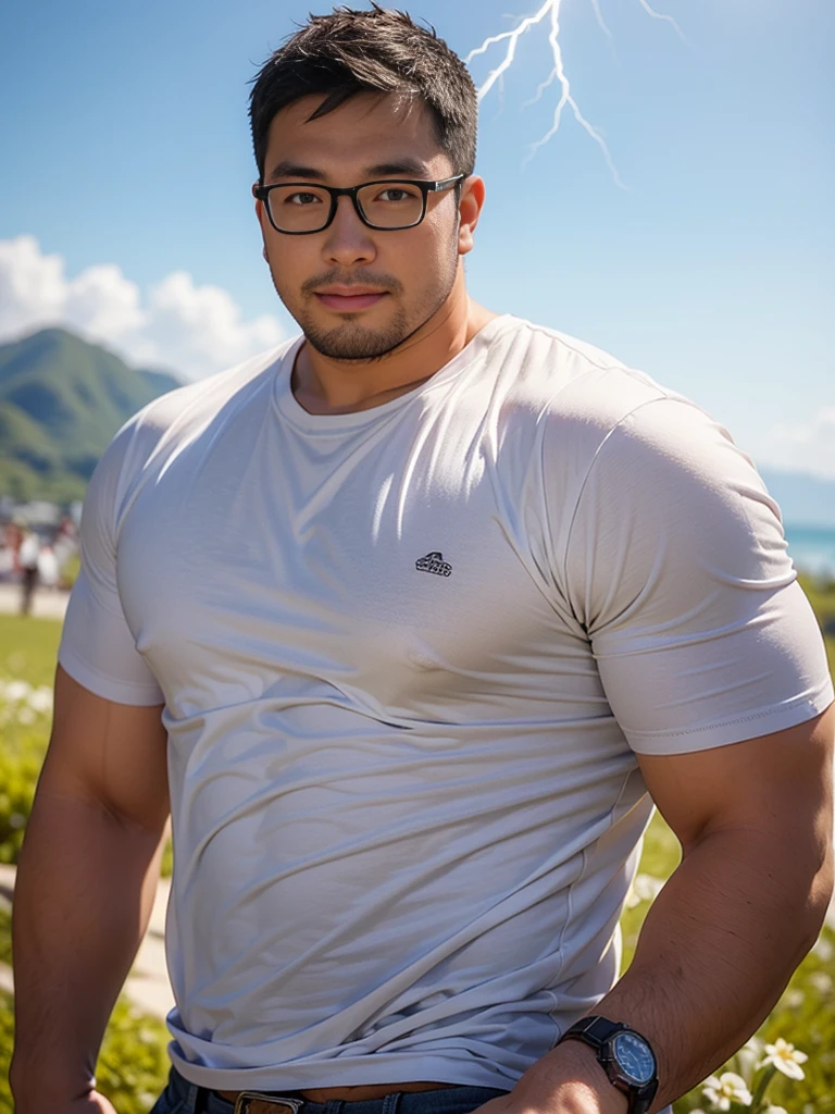 crew cut, (((full body))), (((landscape))), mature man, [slightly fat], asian man, rounded face, brown eyes, ((rounded face)), glasses, balding, 1boy, Solo, (big shoulders), (((stubbles, Short beard))), (Realism: 1.4), top quality, masterpiece, male, thin, (1 man, solo, white loose shirt, black pants, viewer watch, brown hair, gray eyes, closed mouth, upper body), (white background), (idol face, Korean face, sharp eyeliner) (male), (face focus, pottrait, movie lightning), (light spring theme, short hair men)
