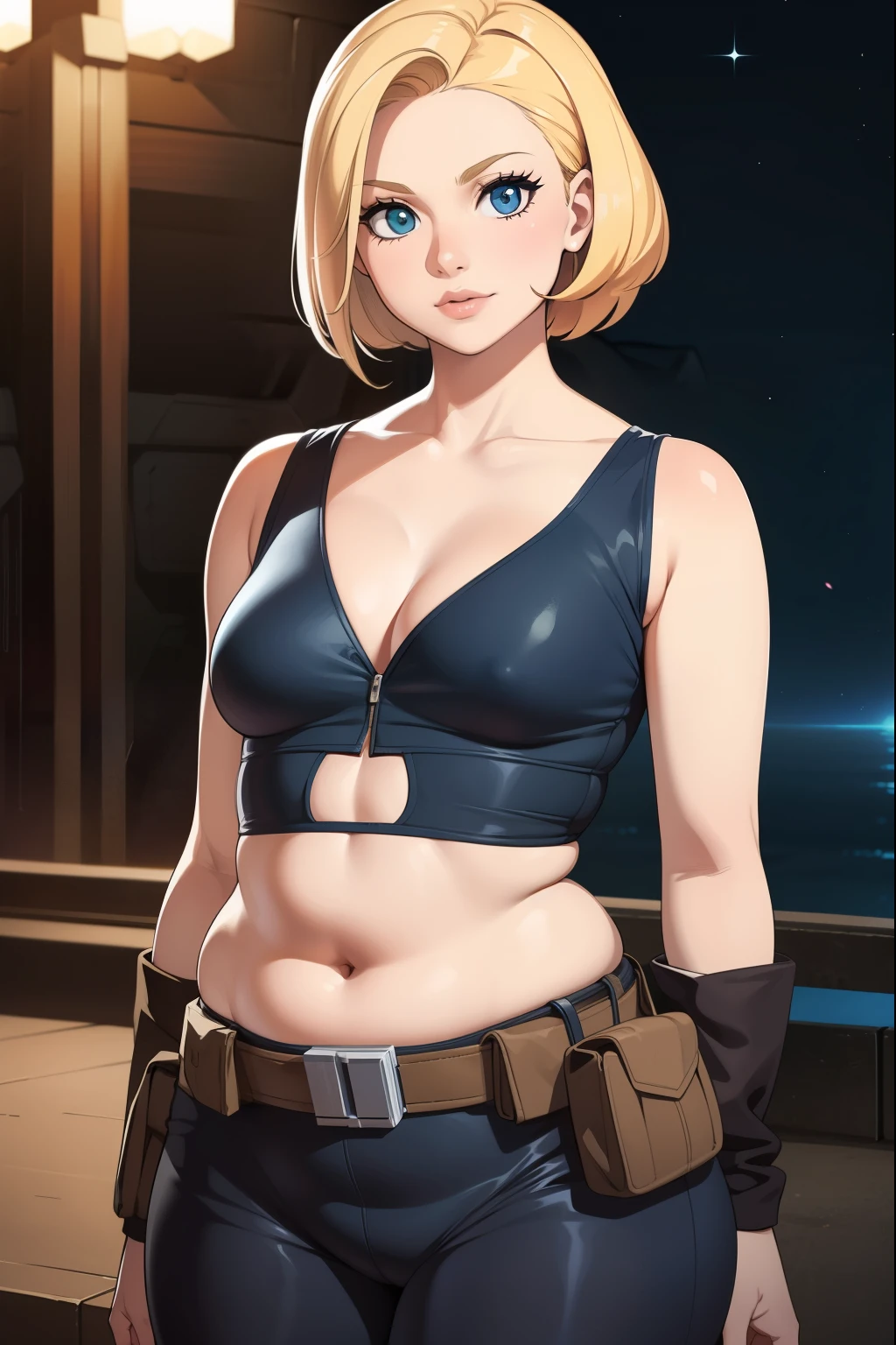 1woman, longer blonde hair, long hair, smuggler outfit, star wars, outlaw, pretty, chubby, small breasts, not naked, top covered. chubby waist. fully clothed.