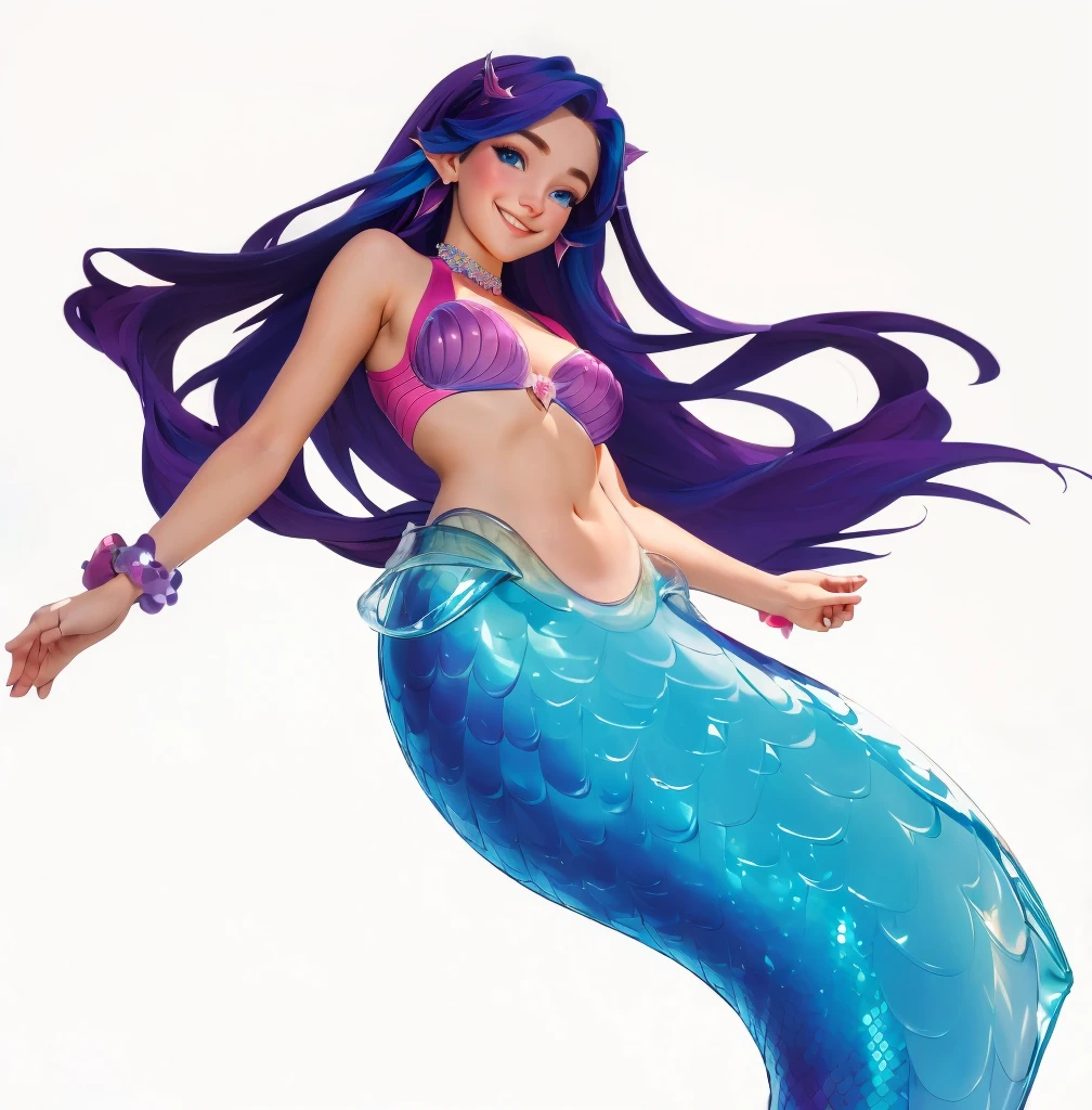 masterpiece, best quality:1.2), 1 Girl,Pretty Face， Smile, Looking at the audience, Purple long hair，Pink swimsuit， , blue eyes,   Mermaid, multicolored Mermaid tail, Lying on the beach, Fin ears, Head fin, shell, orchid