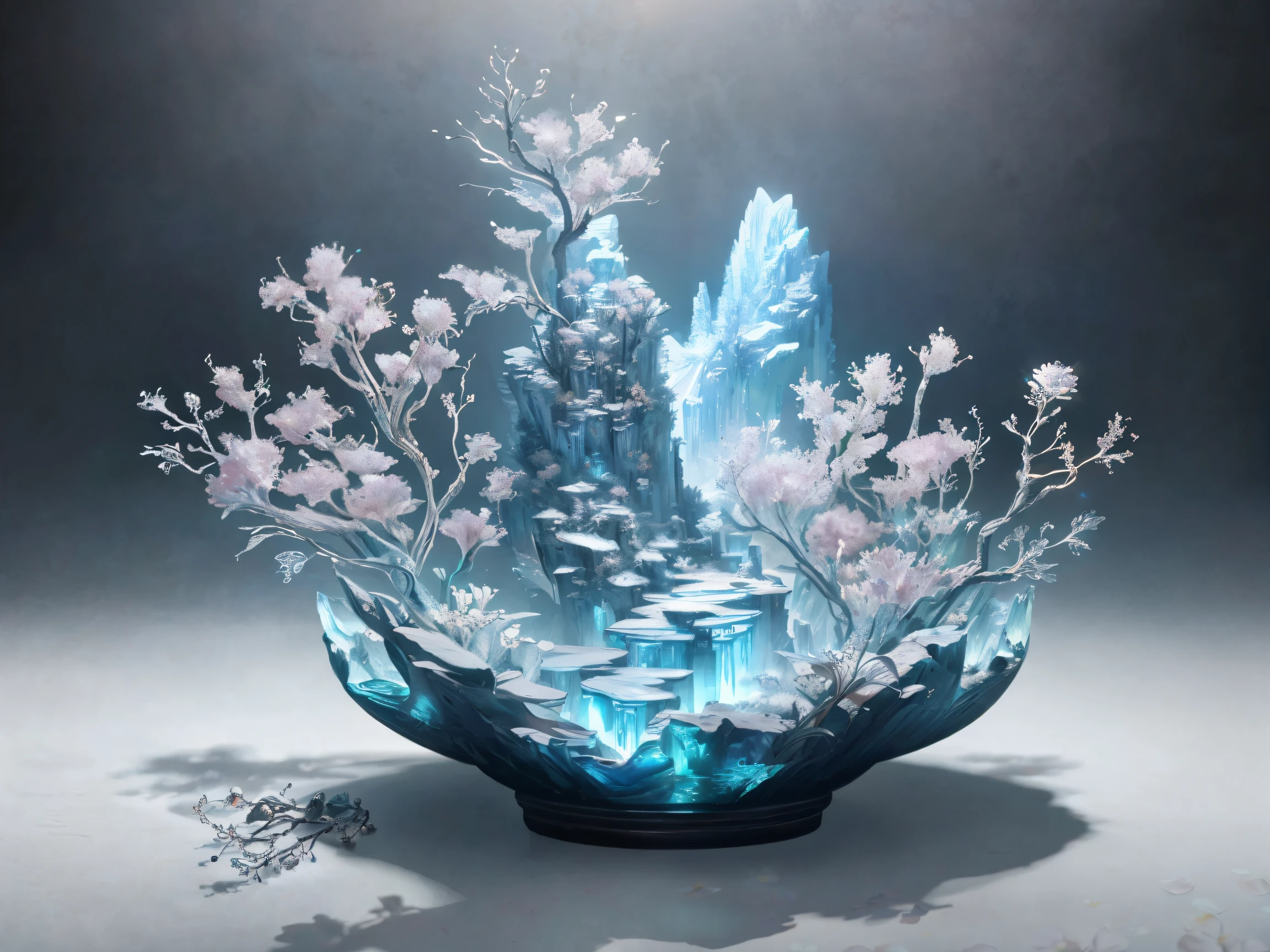 Highest quality, Realistic, photoRealistic, Super detailed, "Mountain of flowers and fruits+Fairy+Chinese architecture" Very detailed carving "West Ice" porcelain,Ultra Wide Angle,Accent lighting,Volumetric lighting,Backlight, (Detailed light),((Very delicate and beautiful)),dramatic_Shadow,Ray_trace,High resolution