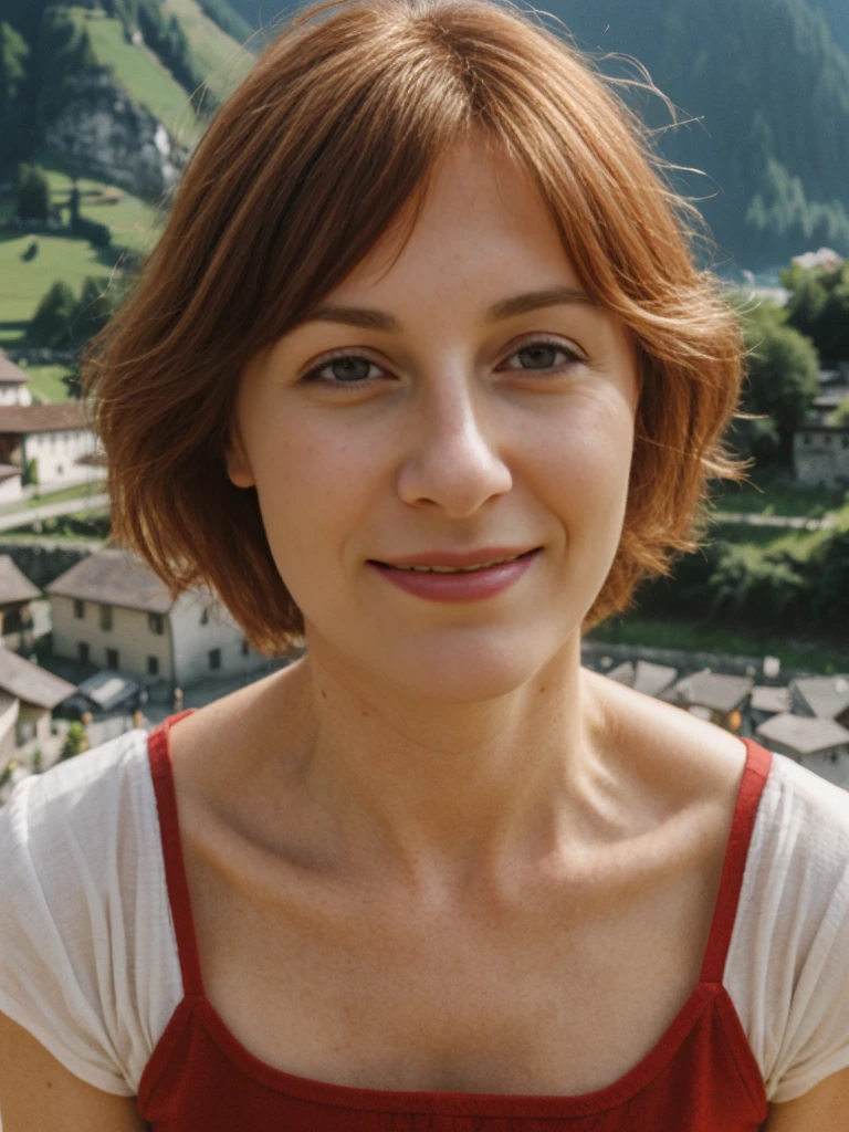 Emily Richardson, 1girl, solo, (((consistent face and image))), ((20 years old)), realistic, photorealistic, (red cranky hair), short hair, (((Caucasian mature woman))), (Swiss woman), (Swiss nose), (Swiss thick lips), posing outside the Picturesque island commune with stunning medieval architecture, upper body and upper legs, smirking