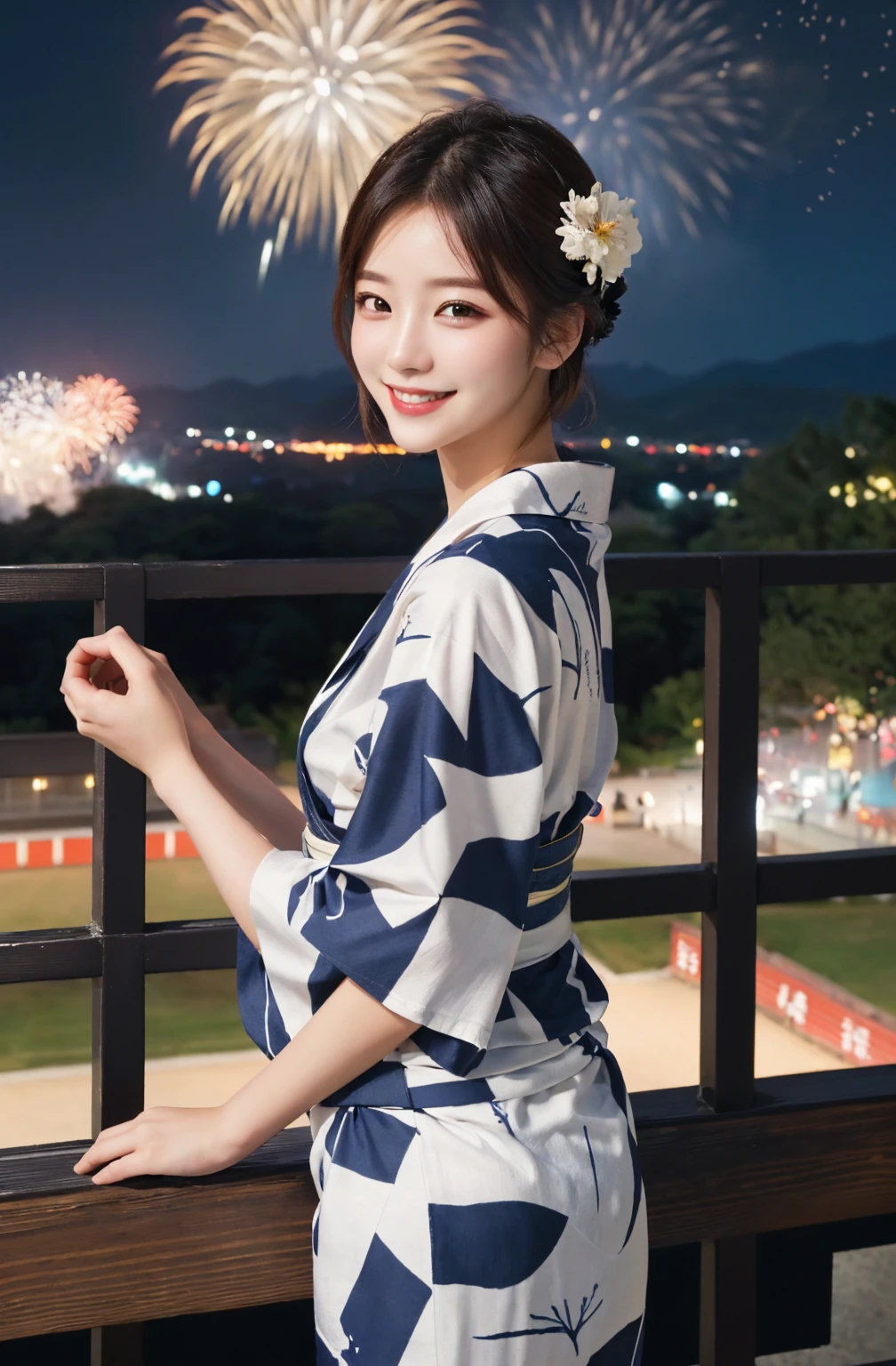 masterpiece, Highest quality, Very detailed, In detail, High resolution, 8k wallpaper, Perfect dynamic composition, Beautiful attention to detail, I can see the valley、yukata, Fireworks display, Smile