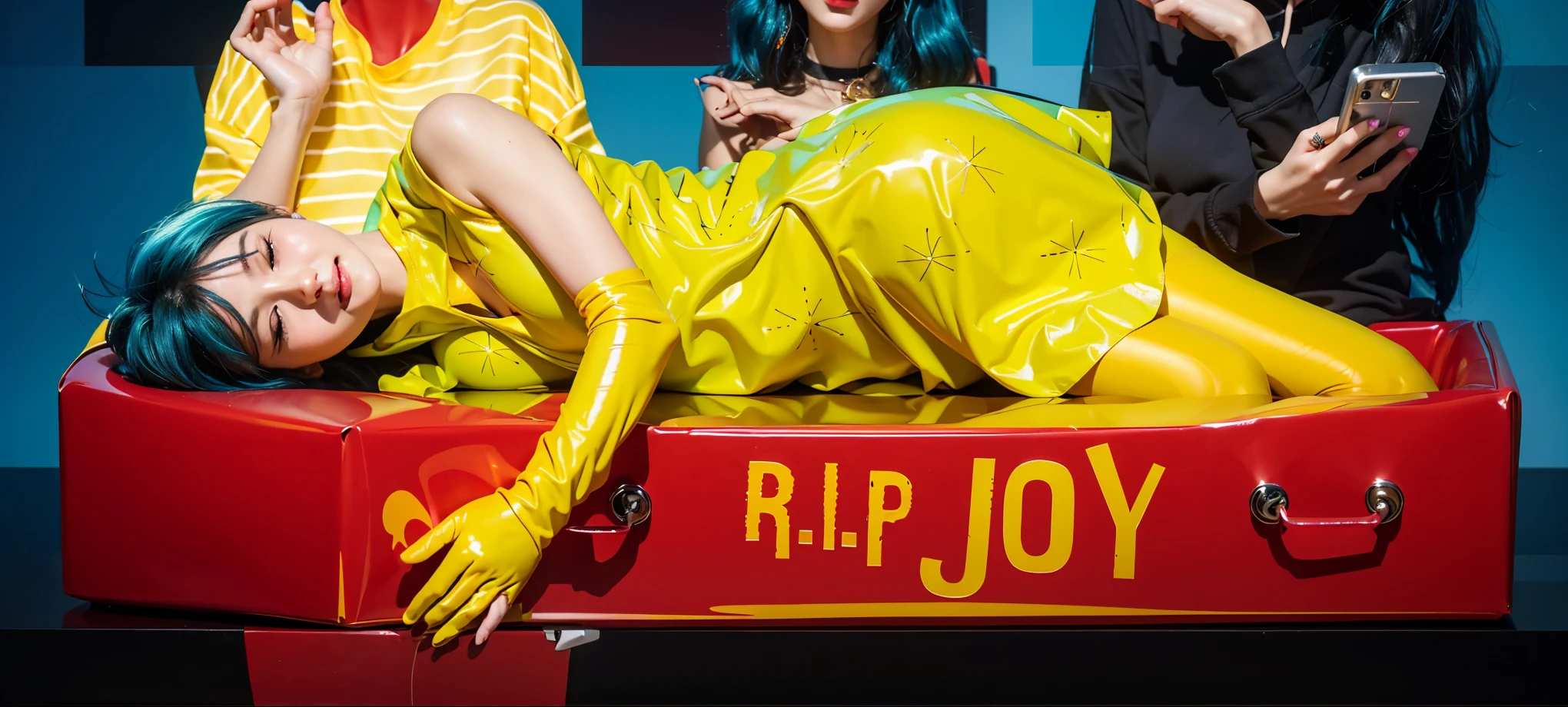 yellow tights yellow tights yellow tights yellow tights yellow tights yellow tights yellow tights yellow tights This image depicts a woman with vibrant blue hair, lying comfortably in an elongated, dark purple box. She is dressed in a bright neon green dress and yellow gloves, adding a striking contrast against the purple and blue background. Her peaceful expression and relaxed pose suggest a dreamlike or surreal scene, despite the unconventional setting of being in a box. The overall visual effect is bold and colorful, emphasizing the playful and artistic elements of the composition. effectively conveying a sense of joy and creativity.ffects render, (glossy plastic texture with multiple big light probe refractions), perfect cgi, smooth silhouette, high intensity refraction, (super glossy plastic material), most beautiful vfx, , realistic, 4k, high resolution, rim light, smooth 3d model, multiple light sources, rim light, sharp post effects render,, realistic, 4k, high resolution, rim light detailed digital art, reflective, best quality, 4k, masterpiece:1.2, ultra-detailed, realistic, vivid colors, The image of the highest quality, ensuring every detail showcased perfectly. It in 4k resolution, allowing viewers to immerse themselves in the richness of the colors and intricate details. The realistic rendering. under the spotlight, reflecting, high-resolution image, realistic rendering
