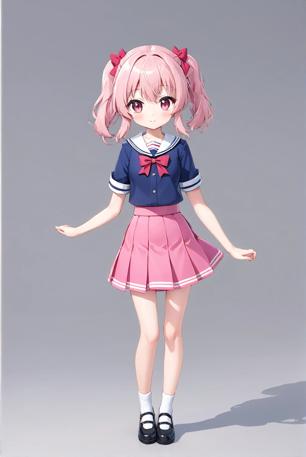 Anime girl in pink skirt and blue shirt, Rendering a cute 3D anime girl, Anime full body illustration, Cute anime girl, Smooth anime CG art, Cute girl anime visual, Short full body portrait!, Cute anime girl in a beautiful skirt, Young anime girl, Realistic anime girl rendering, April Rendering, Realistic anime 3D style