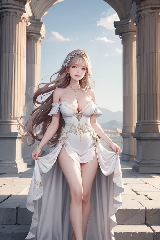 (Highest quality,High resolution,masterpiece,8k),Bright and vibrant colors,Official artwork,Standing posture,(above the knee shot),Stylish makeup,Silver blonde medium-long hair fluttering in the wind、tiara,necklace,Captivating eyes,Glossy Lips,Off the shoulder、White lace dress,Cute girl with ample breasts,Beautiful neckline, Holding,(Captivating smile),Solemn atmosphere,Greek Mythology,An ancient and majestic temple、Digital Art,Detailed CG,