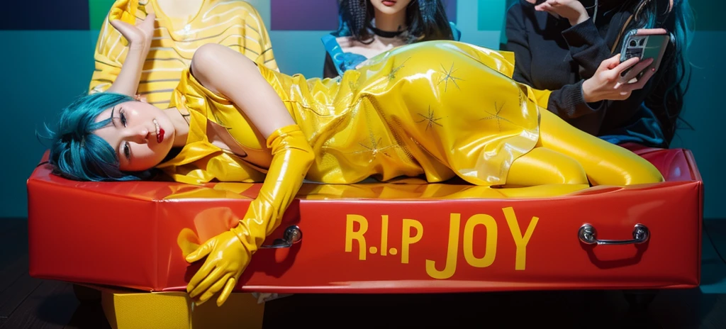 yellow tights yellow tights yellow tights yellow tights yellow tights yellow tights yellow tights yellow tights This image depicts a woman with vibrant blue hair, lying comfortably in an elongated, dark purple box. She is dressed in a bright neon green dress and yellow gloves, adding a striking contrast against the purple and blue background. Her peaceful expression and relaxed pose suggest a dreamlike or surreal scene, despite the unconventional setting of being in a box. The overall visual effect is bold and colorful, emphasizing the playful and artistic elements of the composition. effectively conveying a sense of joy and creativity.ffects render, (glossy plastic texture with multiple big light probe refractions), perfect cgi, smooth silhouette, high intensity refraction, (super glossy plastic material), most beautiful vfx, , realistic, 4k, high resolution, rim light, smooth 3d model, multiple light sources, rim light, sharp post effects render,, realistic, 4k, high resolution, rim light detailed digital art, reflective, best quality, 4k, masterpiece:1.2, ultra-detailed, realistic, vivid colors, The image of the highest quality, ensuring every detail showcased perfectly. It in 4k resolution, allowing viewers to immerse themselves in the richness of the colors and intricate details. The realistic rendering. under the spotlight, reflecting, high-resolution image, realistic rendering